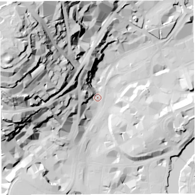 Shaded relief map of the ground around BS14TR, computed from Environment Agency LiDAR. The ground here sits at about 9 m above sea level and falls 74 m across the surrounding 800 m. Surface water reaching this point runs off ground lying to the west, 29.2 m higher.