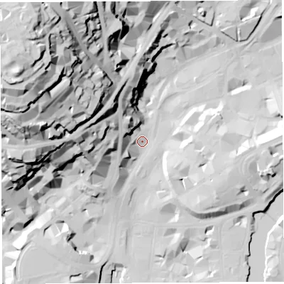 Shaded relief map of the ground around BS14TT, computed from Environment Agency LiDAR. The ground here sits at about 10 m above sea level and falls 74 m across the surrounding 800 m. Surface water reaching this point runs off ground lying to the west, 29.2 m higher.