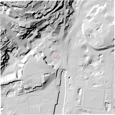 Shaded relief map of the ground around BS14UT, computed from Environment Agency LiDAR. The ground here sits at about 9 m above sea level and falls 62 m across the surrounding 800 m. Surface water reaching this point runs off ground lying to the north-west, 49.5 m higher.