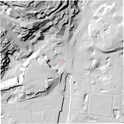 Shaded relief map of the ground around BS14UZ, computed from Environment Agency LiDAR. The ground here sits at about 9 m above sea level and falls 61 m across the surrounding 800 m. Surface water reaching this point runs off ground lying to the west, 9.9 m higher.