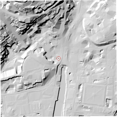 Shaded relief map of the ground around BS14XG, computed from Environment Agency LiDAR. The ground here sits at about 10 m above sea level and falls 58 m across the surrounding 800 m. Surface water reaching this point runs off ground lying to the west, 9.7 m higher.
