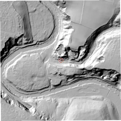 Shaded relief map of the ground around BS153AU, computed from Environment Agency LiDAR. The ground here sits at about 16 m above sea level and falls 54 m across the surrounding 800 m. Surface water reaching this point runs off ground lying to the east, 45.7 m higher.