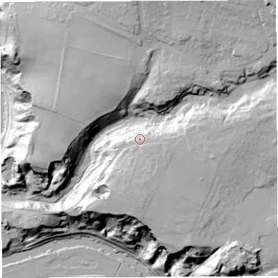 Shaded relief map of the ground around BS153AW, computed from Environment Agency LiDAR. The ground here sits at about 55 m above sea level and falls 65 m across the surrounding 800 m. Surface water reaching this point runs off ground lying to the east-south-east, 15.0 m higher.