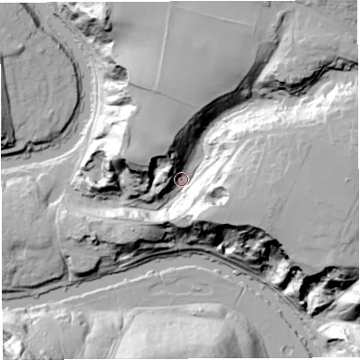 Shaded relief map of the ground around BS153AX, computed from Environment Agency LiDAR. The ground here sits at about 23 m above sea level and falls 57 m across the surrounding 800 m. Surface water reaching this point runs off ground lying to the east-north-east, 41.2 m higher.