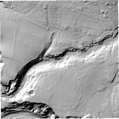 Shaded relief map of the ground around BS153AY, computed from Environment Agency LiDAR. The ground here sits at about 41 m above sea level and falls 70 m across the surrounding 800 m. Surface water reaching this point runs off ground lying to the north-north-east, 35.5 m higher.