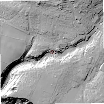 Shaded relief map of the ground around BS153BD, computed from Environment Agency LiDAR. The ground here sits at about 50 m above sea level and falls 70 m across the surrounding 800 m. Surface water reaching this point runs off ground lying to the north-north-east, 38.2 m higher.