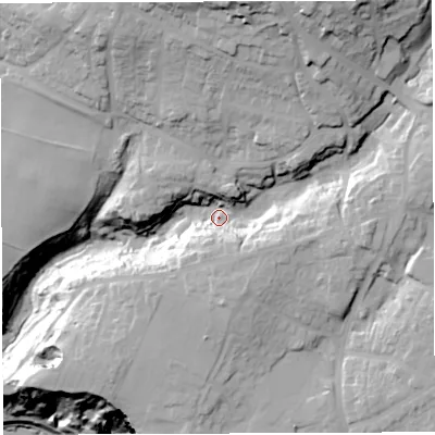 Shaded relief map of the ground around BS153BE, computed from Environment Agency LiDAR. The ground here sits at about 48 m above sea level and falls 73 m across the surrounding 800 m. Surface water reaching this point runs off ground lying to the north, 33.6 m higher.