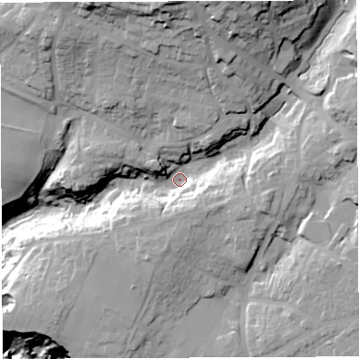 Shaded relief map of the ground around BS153BG, computed from Environment Agency LiDAR. The ground here sits at about 48 m above sea level and falls 69 m across the surrounding 800 m. Surface water reaching this point runs off ground lying to the north-north-east, 33.9 m higher.