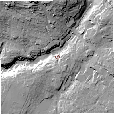 Shaded relief map of the ground around BS153BH, computed from Environment Agency LiDAR. The ground here sits at about 57 m above sea level and falls 50 m across the surrounding 800 m. Surface water reaching this point runs off ground lying to the south-south-east, 14.0 m higher.