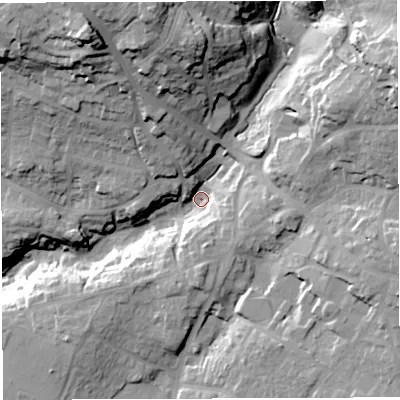 Shaded relief map of the ground around BS153BJ, computed from Environment Agency LiDAR. The ground here sits at about 53 m above sea level and falls 49 m across the surrounding 800 m. Surface water reaching this point runs off ground lying to the north-north-west, 35.2 m higher.