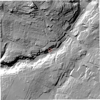 Shaded relief map of the ground around BS153BQ, computed from Environment Agency LiDAR. The ground here sits at about 53 m above sea level and falls 53 m across the surrounding 800 m. Surface water reaching this point runs off ground lying to the north-north-west, 36.6 m higher.