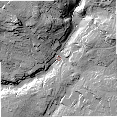 Shaded relief map of the ground around BS153EB, computed from Environment Agency LiDAR. The ground here sits at about 57 m above sea level and falls 46 m across the surrounding 800 m. Surface water reaching this point runs off ground lying to the north-east, 34.9 m higher.