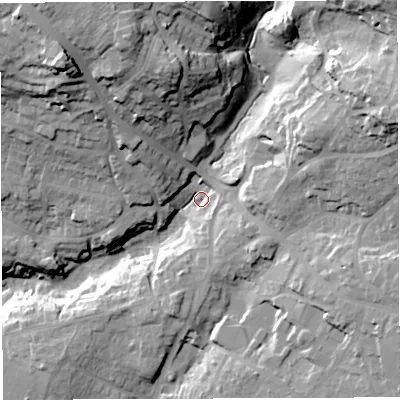 Shaded relief map of the ground around BS153EE, computed from Environment Agency LiDAR. The ground here sits at about 56 m above sea level and falls 45 m across the surrounding 800 m. Surface water reaching this point runs off ground lying to the east-north-east, 33.4 m higher.