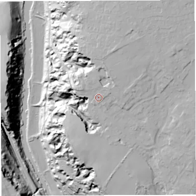 Shaded relief map of the ground around BS153LL, computed from Environment Agency LiDAR. The ground here sits at about 54 m above sea level and falls 56 m across the surrounding 800 m. Surface water reaching this point runs off ground lying to the north, 5.9 m higher.