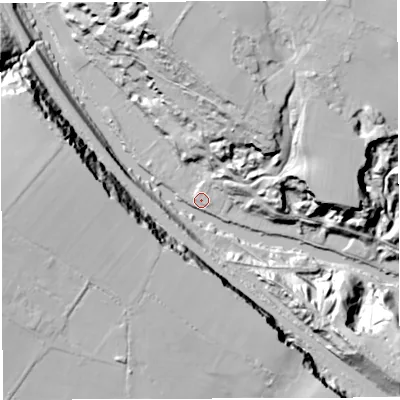Shaded relief map of the ground around BS153NL, computed from Environment Agency LiDAR. The ground here sits at about 10 m above sea level and falls 46 m across the surrounding 800 m. Surface water reaching this point runs off ground lying to the north-east, 45.5 m higher.