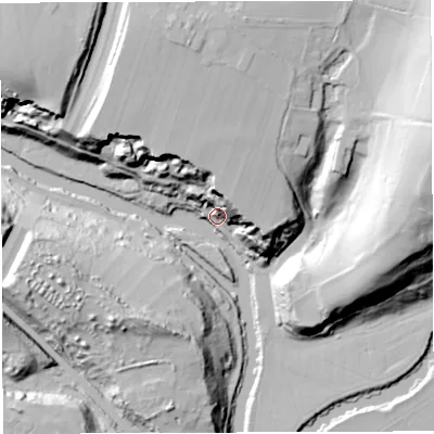 Shaded relief map of the ground around BS153NU, computed from Environment Agency LiDAR. The ground here sits at about 15 m above sea level and falls 51 m across the surrounding 800 m. Surface water reaching this point runs off ground lying to the north-north-west, 38.2 m higher.