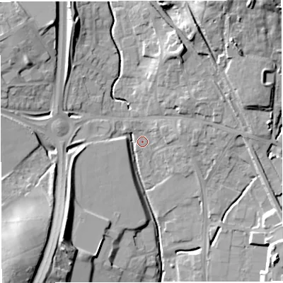 Shaded relief map of the ground around BS154HD, computed from Environment Agency LiDAR. The ground here sits at about 42 m above sea level and falls 28 m across the surrounding 800 m. Surface water reaching this point runs off ground lying to the south-west, 25.3 m higher.
