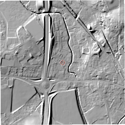 Shaded relief map of the ground around BS154LR, computed from Environment Agency LiDAR. The ground here sits at about 45 m above sea level and falls 27 m across the surrounding 800 m. Surface water reaching this point runs off ground lying to the west-north-west, 3.7 m higher.