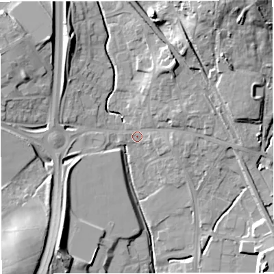 Shaded relief map of the ground around BS154ND, computed from Environment Agency LiDAR. The ground here sits at about 43 m above sea level and falls 28 m across the surrounding 800 m. Surface water reaching this point runs off ground lying to the north-north-east, 11.0 m higher.