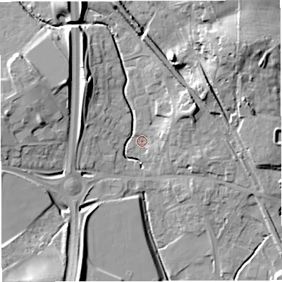 Shaded relief map of the ground around BS154NT, computed from Environment Agency LiDAR. The ground here sits at about 43 m above sea level and falls 27 m across the surrounding 800 m. Surface water reaching this point runs off ground lying to the north-east, 25.7 m higher.