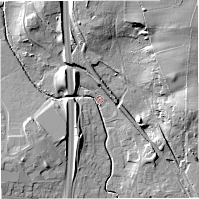 Shaded relief map of the ground around BS154NY, computed from Environment Agency LiDAR. The ground here sits at about 45 m above sea level and falls 32 m across the surrounding 800 m. Surface water reaching this point runs off ground lying to the north, 25.2 m higher.