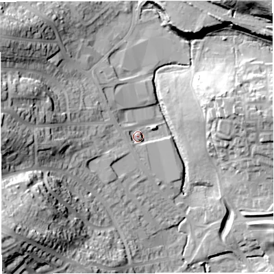 Shaded relief map of the ground around BS154PH, computed from Environment Agency LiDAR. The ground here sits at about 56 m above sea level and falls 42 m across the surrounding 800 m. Surface water reaching this point runs off ground lying to the east-south-east, 2.8 m higher.