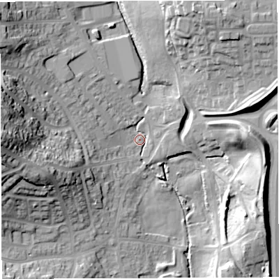 Shaded relief map of the ground around BS154RF, computed from Environment Agency LiDAR. The ground here sits at about 51 m above sea level and falls 36 m across the surrounding 800 m. Surface water reaching this point runs off ground lying to the west, 33.9 m higher.