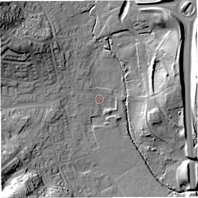 Shaded relief map of the ground around BS154RQ, computed from Environment Agency LiDAR. The ground here sits at about 49 m above sea level and falls 40 m across the surrounding 800 m. Surface water reaching this point runs off ground lying to the west, 4.0 m higher.