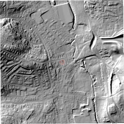 Shaded relief map of the ground around BS154SU, computed from Environment Agency LiDAR. The ground here sits at about 52 m above sea level and falls 41 m across the surrounding 800 m. Surface water reaching this point runs off ground lying to the west-south-west, 8.9 m higher.