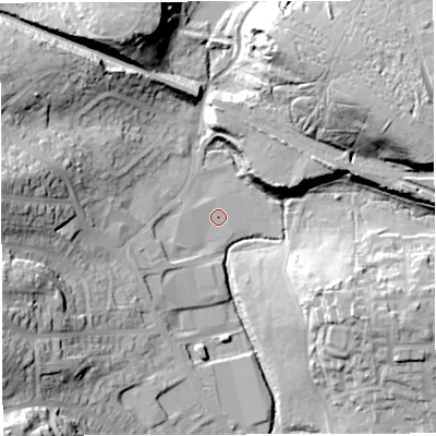Shaded relief map of the ground around BS154TA, computed from Environment Agency LiDAR. The ground here sits at about 55 m above sea level and falls 34 m across the surrounding 800 m. Surface water reaching this point runs off ground lying to the west-south-west, 4.5 m higher.
