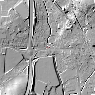 Shaded relief map of the ground around BS159JB, computed from Environment Agency LiDAR. The ground here sits at about 44 m above sea level and falls 28 m across the surrounding 800 m. Surface water reaching this point runs off ground lying to the south-west, 19.3 m higher.
