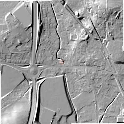 Shaded relief map of the ground around BS159JL, computed from Environment Agency LiDAR. The ground here sits at about 43 m above sea level and falls 27 m across the surrounding 800 m. Surface water reaching this point runs off ground lying to the north-east, 23.3 m higher.