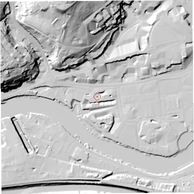 Shaded relief map of the ground around BS15AD, computed from Environment Agency LiDAR. The ground here sits at about 9 m above sea level and falls 71 m across the surrounding 800 m. Surface water reaching this point runs off ground lying to the south-south-west, 3.5 m higher.