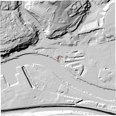 Shaded relief map of the ground around BS15AT, computed from Environment Agency LiDAR. The ground here sits at about 8 m above sea level and falls 67 m across the surrounding 800 m. Surface water reaching this point runs off ground lying to the south-south-west, 3.5 m higher.