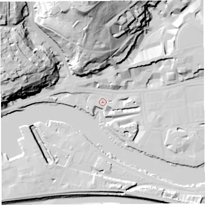 Shaded relief map of the ground around BS15AU, computed from Environment Agency LiDAR. The ground here sits at about 10 m above sea level and falls 72 m across the surrounding 800 m. Surface water reaching this point runs off ground lying to the east-south-east, 1.0 m higher.