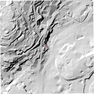 Shaded relief map of the ground around BS15BS, computed from Environment Agency LiDAR. The ground here sits at about 14 m above sea level and falls 76 m across the surrounding 800 m. Surface water reaching this point runs off ground lying to the west-north-west, 65.7 m higher.
