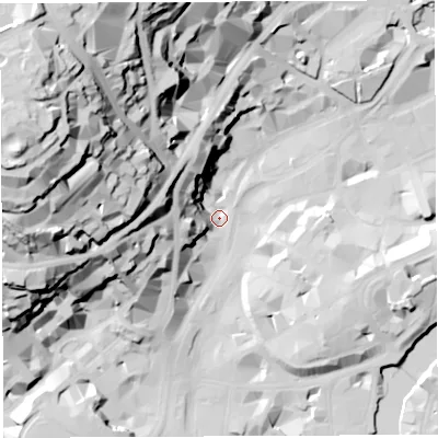 Shaded relief map of the ground around BS15BT, computed from Environment Agency LiDAR. The ground here sits at about 9 m above sea level and falls 74 m across the surrounding 800 m. Surface water reaching this point runs off ground lying to the west-north-west, 65.7 m higher.