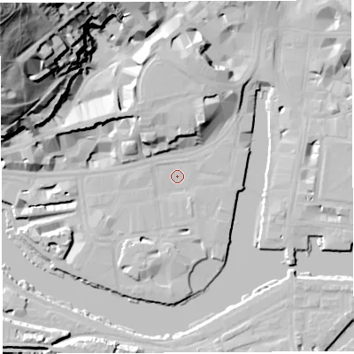 Shaded relief map of the ground around BS15DB, computed from Environment Agency LiDAR. The ground here sits at about 9 m above sea level and falls 66 m across the surrounding 800 m. Surface water reaching this point runs off ground lying to the south-south-west, 4.7 m higher.
