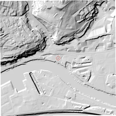 Shaded relief map of the ground around BS15DN, computed from Environment Agency LiDAR. The ground here sits at about 9 m above sea level and falls 75 m across the surrounding 800 m. Surface water reaching this point runs off ground lying to the north-north-west, 3.0 m higher.