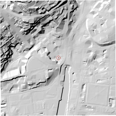 Shaded relief map of the ground around BS15DQ, computed from Environment Agency LiDAR. The ground here sits at about 10 m above sea level and falls 60 m across the surrounding 800 m. Surface water reaching this point runs off ground lying to the west, 9.9 m higher.