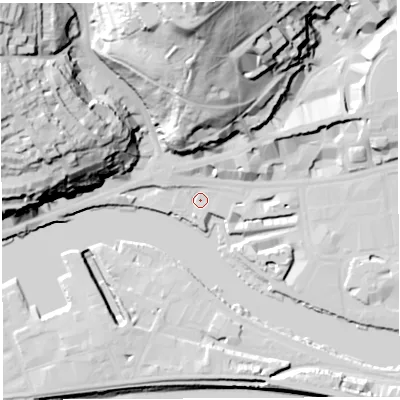 Shaded relief map of the ground around BS15DZ, computed from Environment Agency LiDAR. The ground here sits at about 9 m above sea level and falls 75 m across the surrounding 800 m. Surface water reaching this point runs off ground lying to the north-west, 2.5 m higher.