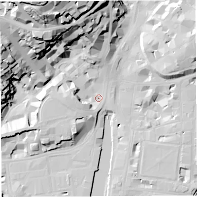 Shaded relief map of the ground around BS15EJ, computed from Environment Agency LiDAR. The ground here sits at about 9 m above sea level and falls 60 m across the surrounding 800 m. Surface water reaching this point runs off ground lying to the west, 9.9 m higher.