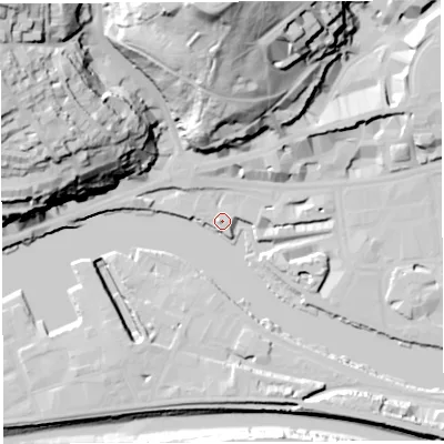 Shaded relief map of the ground around BS15EL, computed from Environment Agency LiDAR. The ground here sits at about 9 m above sea level and falls 68 m across the surrounding 800 m. Surface water reaching this point runs off ground lying to the north-east, 12.3 m higher.