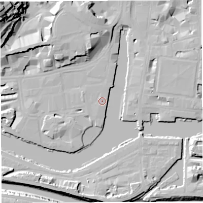 Shaded relief map of the ground around BS15EP, computed from Environment Agency LiDAR. The ground here sits at about 9 m above sea level and falls 43 m across the surrounding 800 m. Surface water reaching this point runs off ground lying to the south-south-west, 9.8 m higher.