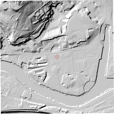 Shaded relief map of the ground around BS15HL, computed from Environment Agency LiDAR. The ground here sits at about 9 m above sea level and falls 75 m across the surrounding 800 m. Surface water reaching this point runs off ground lying to the east, 0.6 m higher.