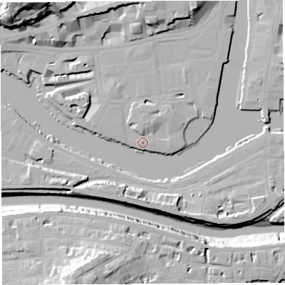 Shaded relief map of the ground around BS15JE, computed from Environment Agency LiDAR. The ground here sits at about 9 m above sea level and falls 35 m across the surrounding 800 m. Surface water reaching this point runs off ground lying to the north-north-east, 2.5 m higher.