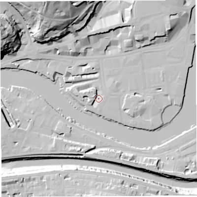 Shaded relief map of the ground around BS15JP, computed from Environment Agency LiDAR. The ground here sits at about 8 m above sea level and falls 49 m across the surrounding 800 m. Surface water reaching this point runs off ground lying to the west-north-west, 4.4 m higher.