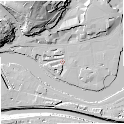 Shaded relief map of the ground around BS15JQ, computed from Environment Agency LiDAR. The ground here sits at about 9 m above sea level and falls 58 m across the surrounding 800 m. Surface water reaching this point runs off ground lying to the north-north-east, 11.6 m higher.