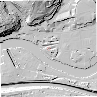 Shaded relief map of the ground around BS15JR, computed from Environment Agency LiDAR. The ground here sits at about 9 m above sea level and falls 55 m across the surrounding 800 m. Surface water reaching this point runs off ground lying to the north-north-east, 11.6 m higher.