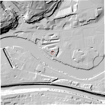 Shaded relief map of the ground around BS15JS, computed from Environment Agency LiDAR. The ground here sits at about 8 m above sea level and falls 50 m across the surrounding 800 m. Surface water reaching this point runs off ground lying to the north-north-east, 4.3 m higher.
